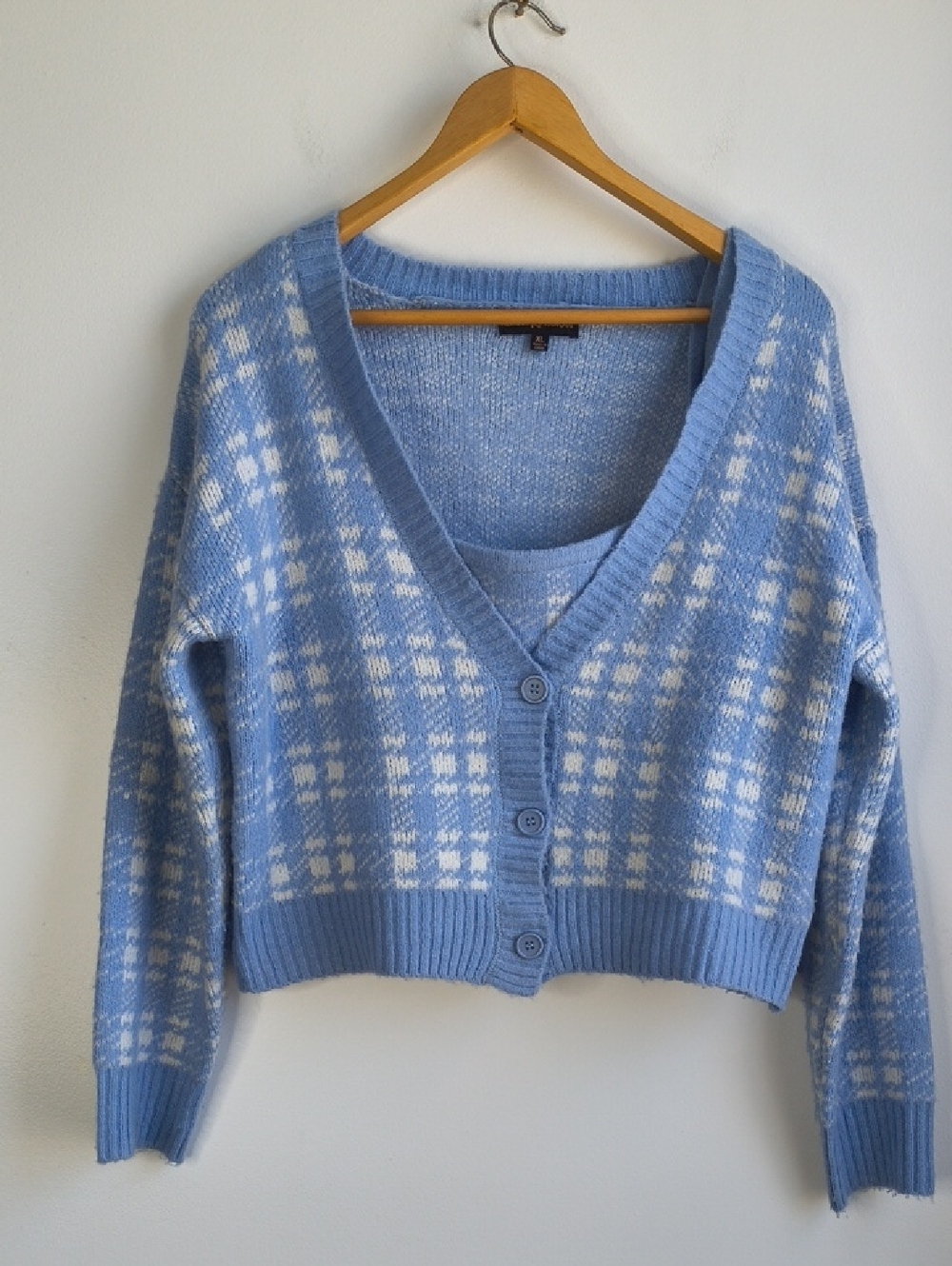 Almost Famous Blue and White Plaid V-Neck Button Cardigan/Cami Set